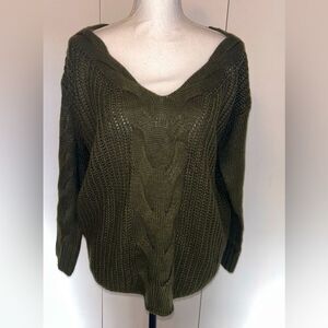 Say What? Soft Army Green Cable Knit Women's Sweater Sz Lg Preppy Classic V-neck